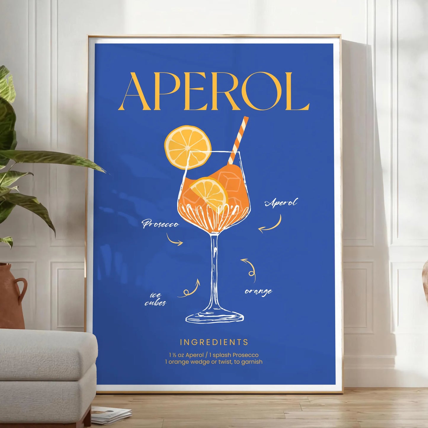 space captivating Aperol cocktail art poster vibrant blue yellow hues wall print ideal gift lovers splash creativity room available