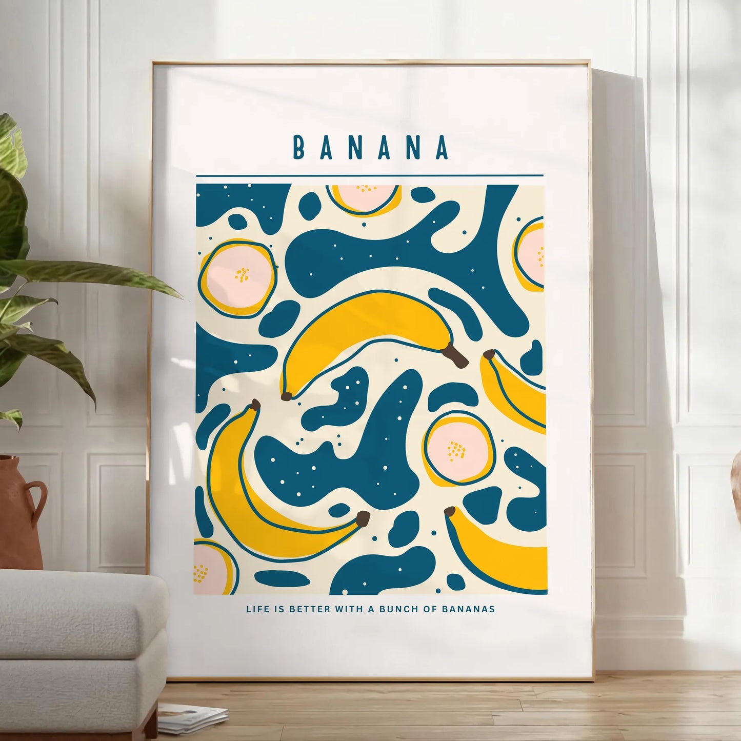 culinary space stylish Banana Kitchen Art Poster striking blend gray orange hues pop color charm artwork ideal gift food enthusiasts available A4 cm A0