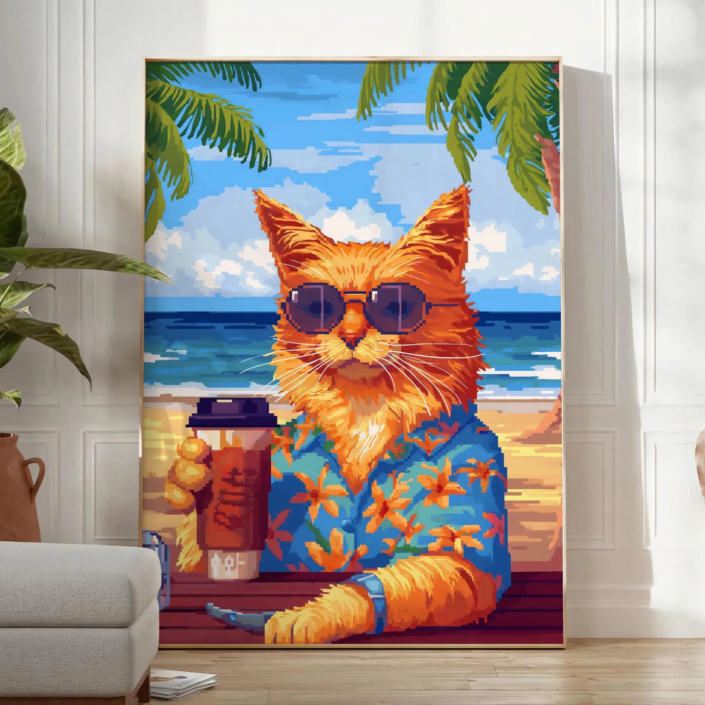 space captivating Cat Cocktail Wildlife Art Poster vibrant interplay green blue hues stunning wall perfect animal lovers enthusiasts sizes A4 A0 ideal gift decor addition