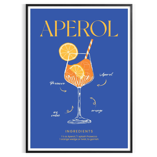 space captivating Aperol cocktail art poster vibrant blue yellow hues wall print ideal gift lovers splash creativity room available