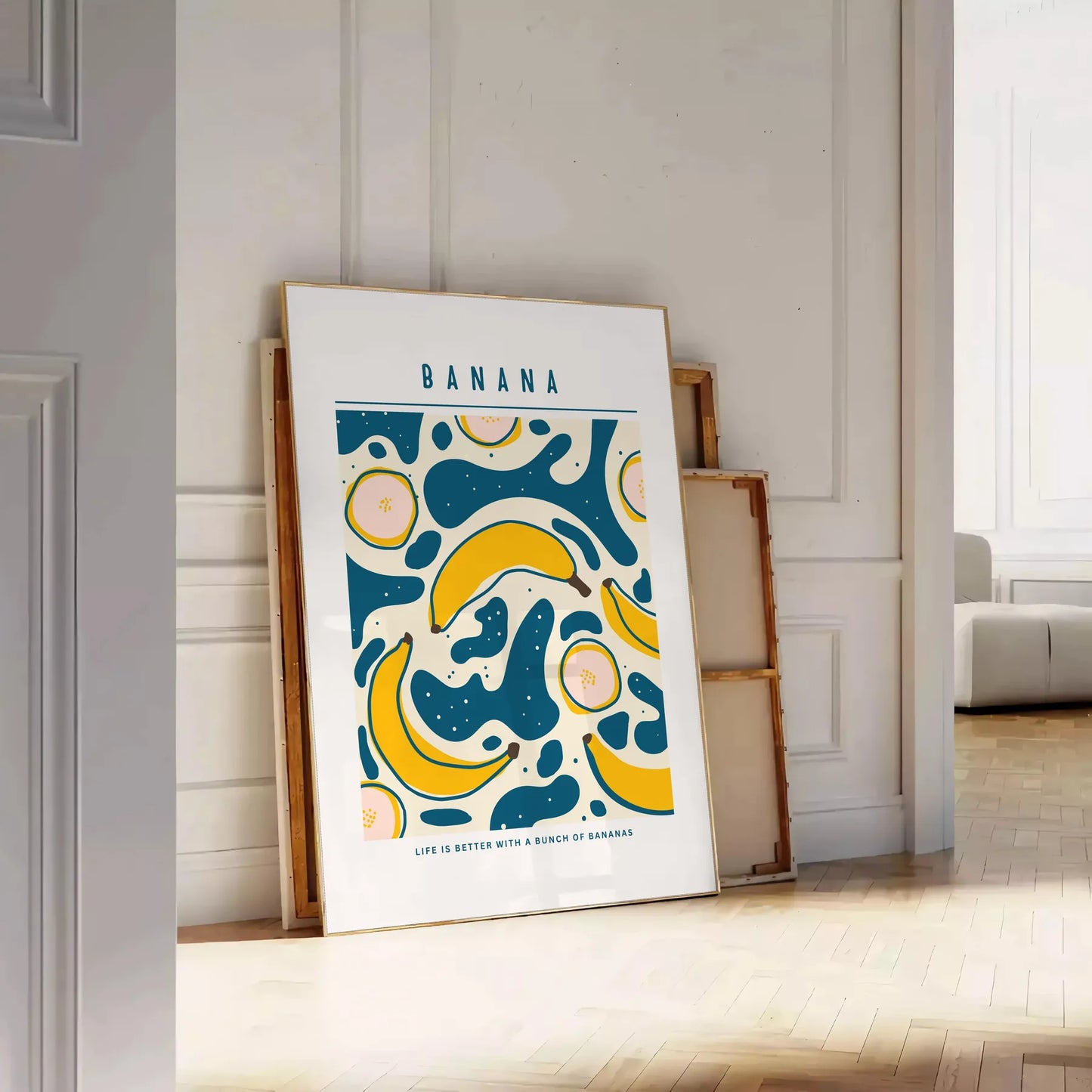 culinary space stylish Banana Kitchen Art Poster striking blend gray orange hues pop color charm artwork ideal gift food enthusiasts available A4 cm A0