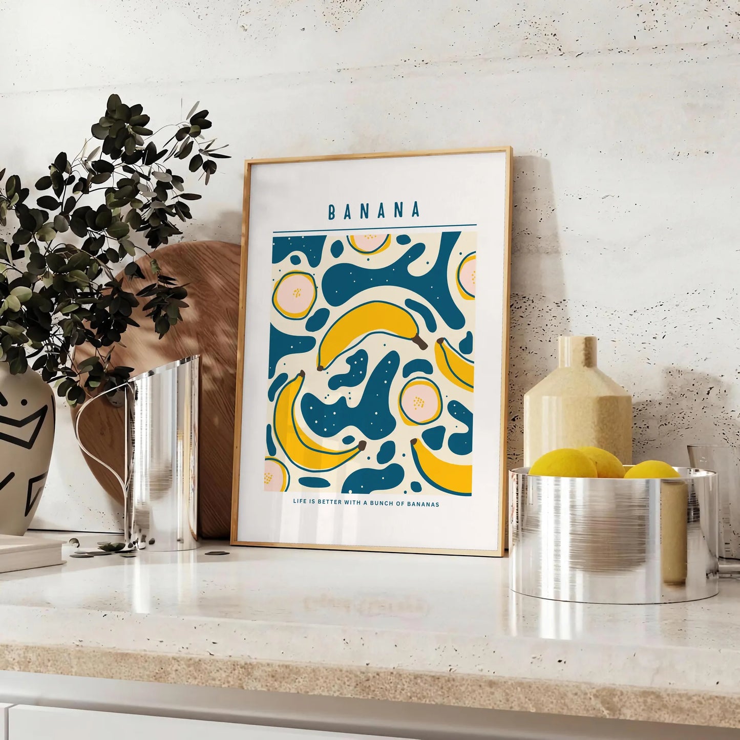 culinary space stylish Banana Kitchen Art Poster striking blend gray orange hues pop color charm artwork ideal gift food enthusiasts available A4 cm A0