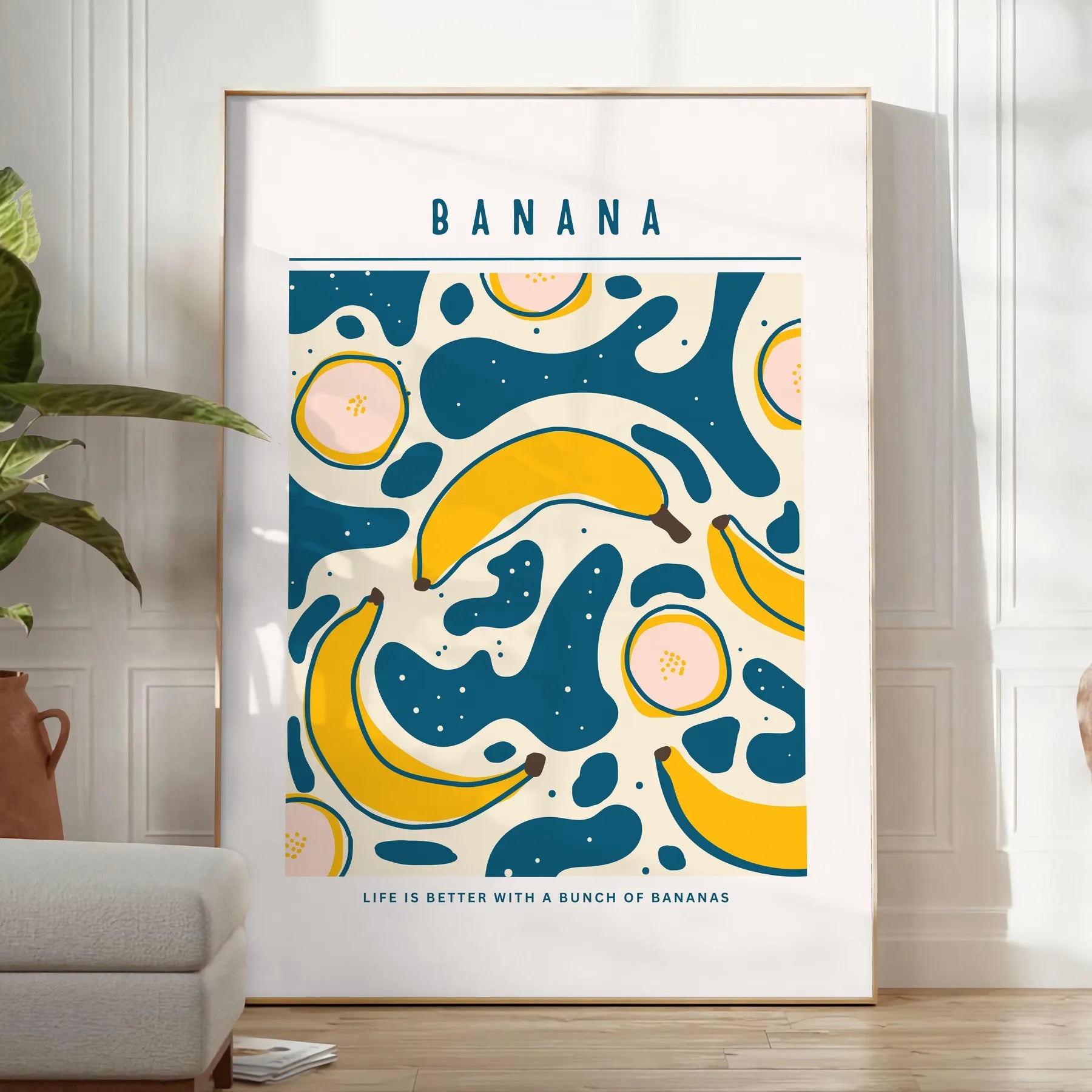 culinary space stylish Banana Kitchen Art Poster striking blend gray orange hues pop color charm artwork ideal gift food enthusiasts available A4 cm A0