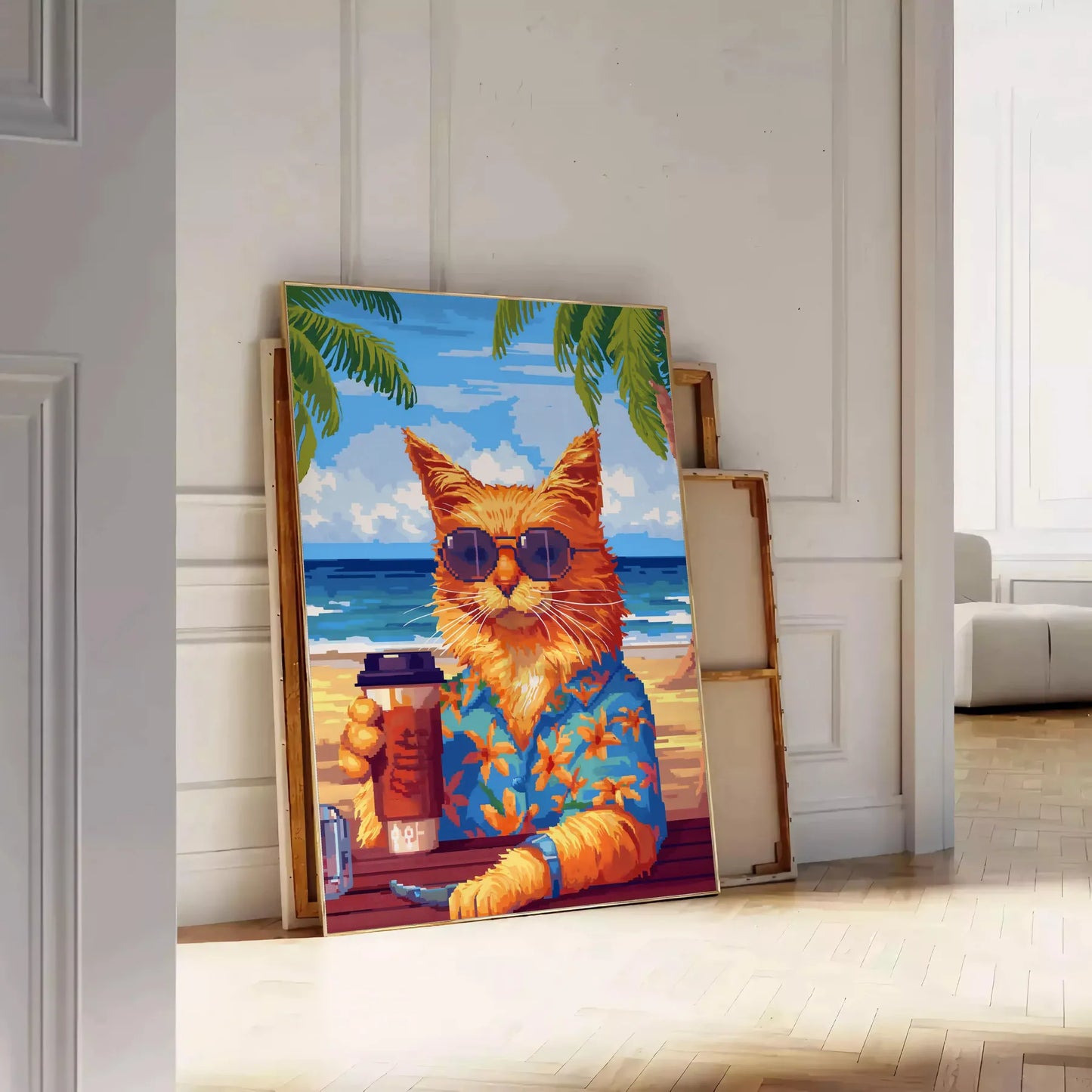 space captivating Cat Cocktail Wildlife Art Poster vibrant interplay green blue hues stunning wall perfect animal lovers enthusiasts sizes A4 A0 ideal gift decor addition