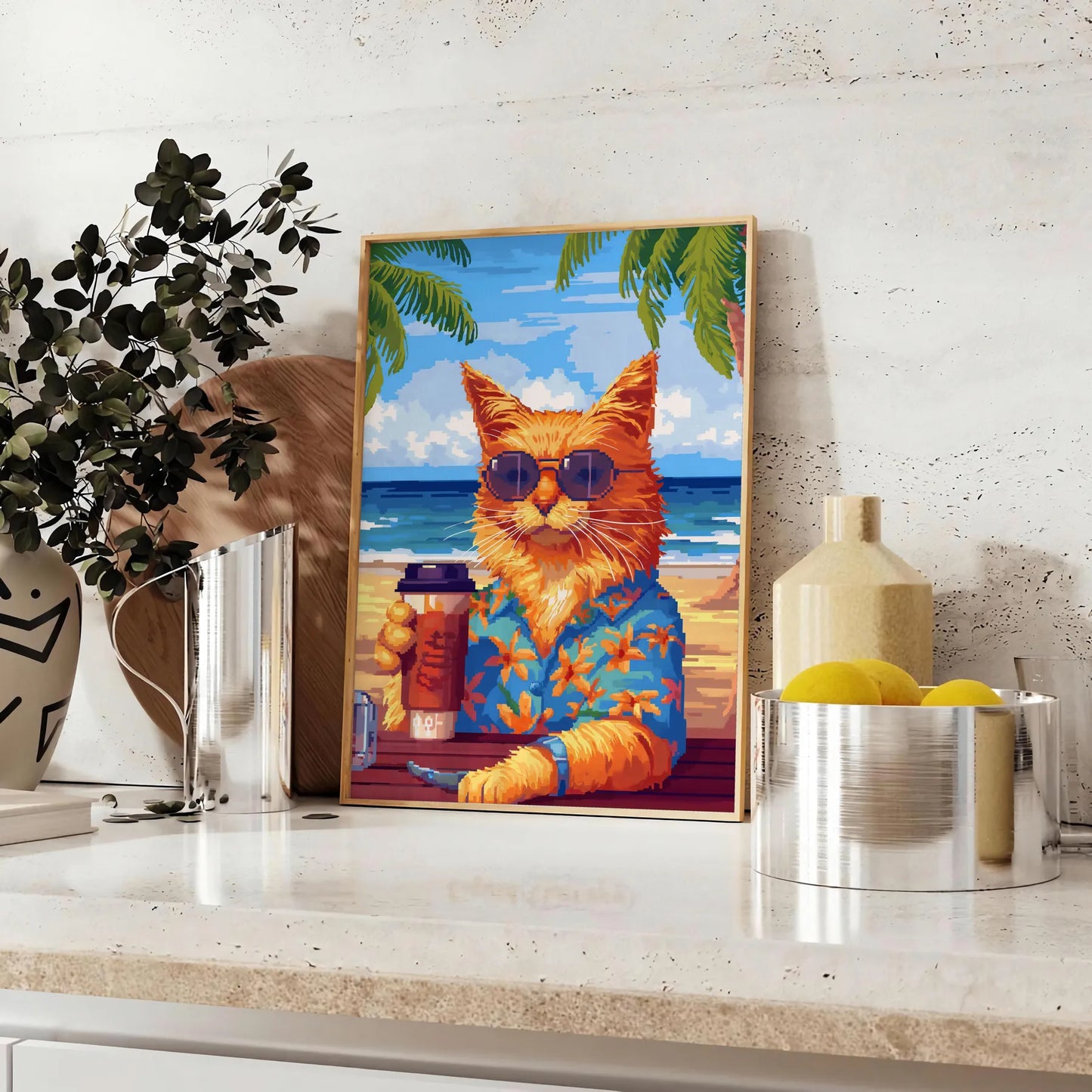 space captivating Cat Cocktail Wildlife Art Poster vibrant interplay green blue hues stunning wall perfect animal lovers enthusiasts sizes A4 A0 ideal gift decor addition