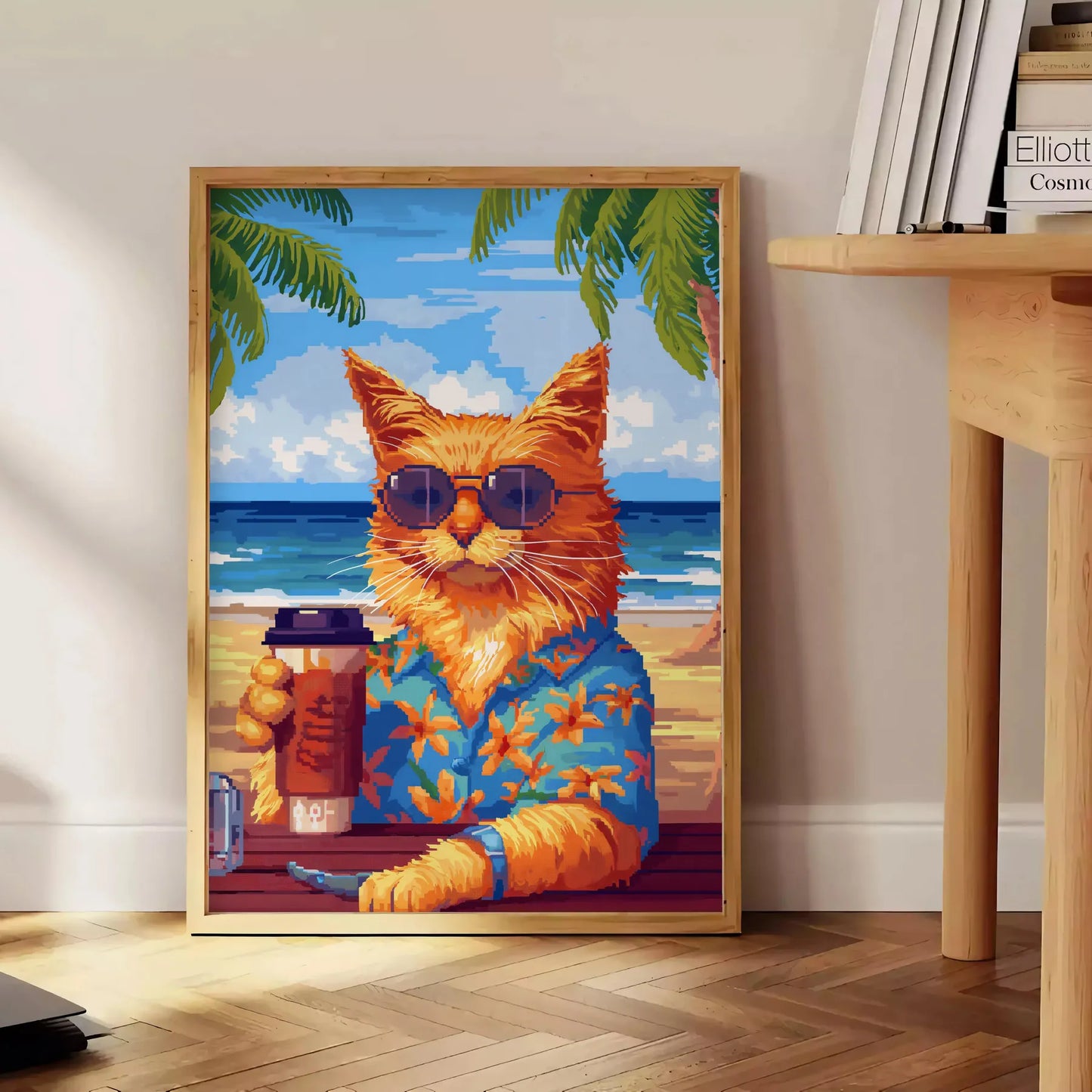 space captivating Cat Cocktail Wildlife Art Poster vibrant interplay green blue hues stunning wall perfect animal lovers enthusiasts sizes A4 A0 ideal gift decor addition