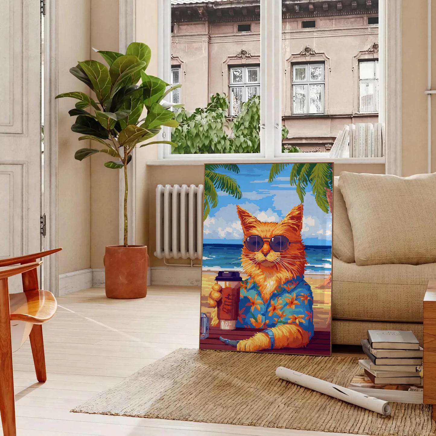 space captivating Cat Cocktail Wildlife Art Poster vibrant interplay green blue hues stunning wall perfect animal lovers enthusiasts sizes A4 A0 ideal gift decor addition