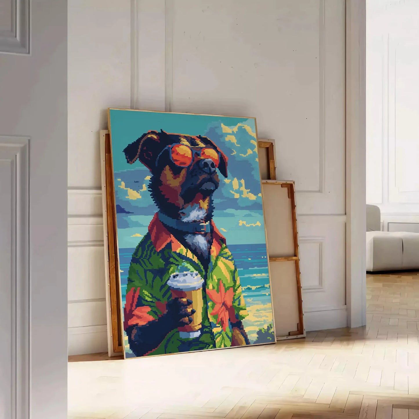 charming Dog Cocktail Poster vibrant green blue hues delightful wall art perfect animal lover unique touch space gift artwork available various sizes A4 cm A0