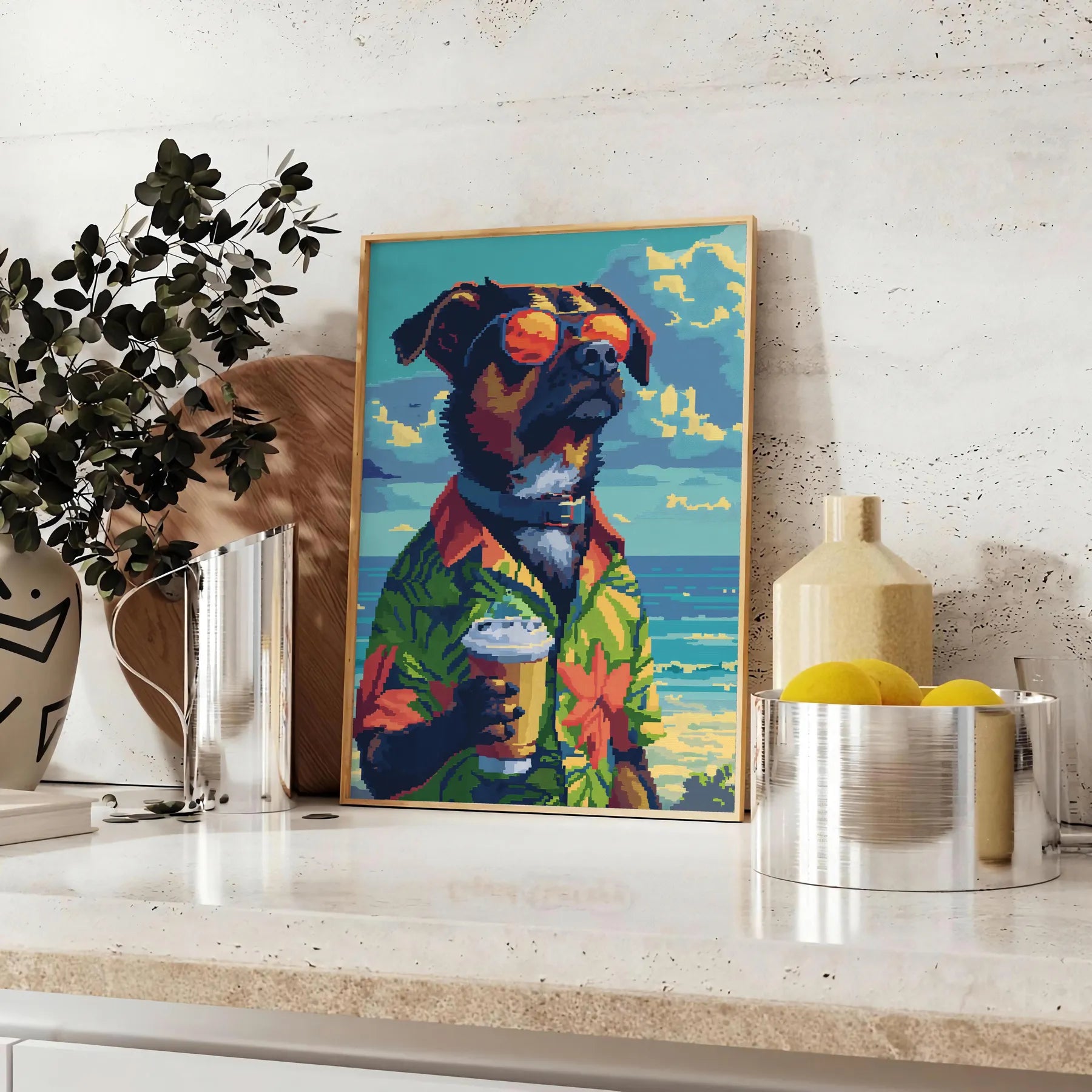 charming Dog Cocktail Poster vibrant green blue hues delightful wall art perfect animal lover unique touch space gift artwork available various sizes A4 cm A0