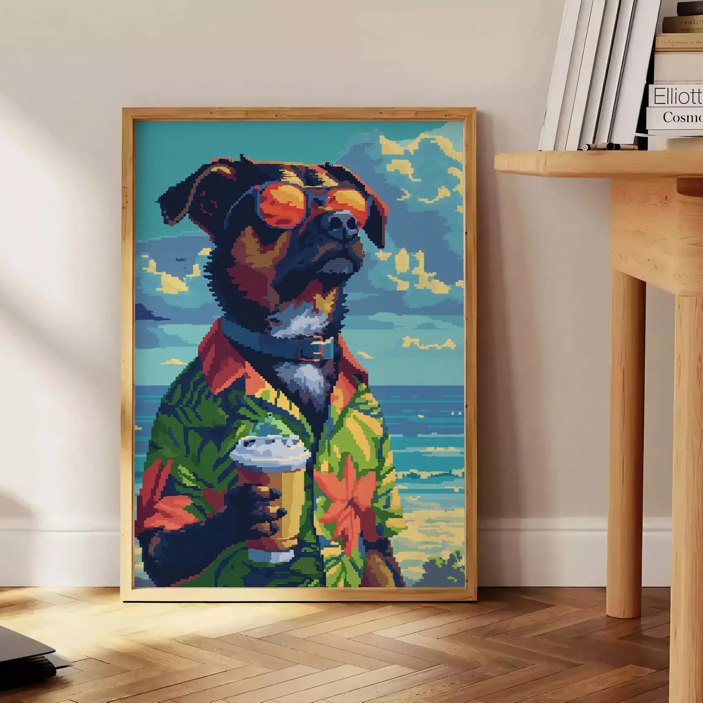 charming Dog Cocktail Poster vibrant green blue hues delightful wall art perfect animal lover unique touch space gift artwork available various sizes A4 cm A0
