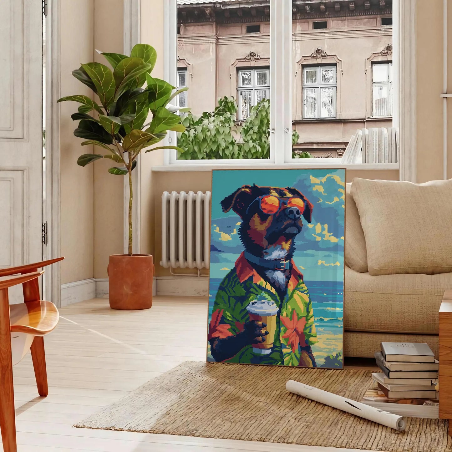 charming Dog Cocktail Poster vibrant green blue hues delightful wall art perfect animal lover unique touch space gift artwork available various sizes A4 cm A0