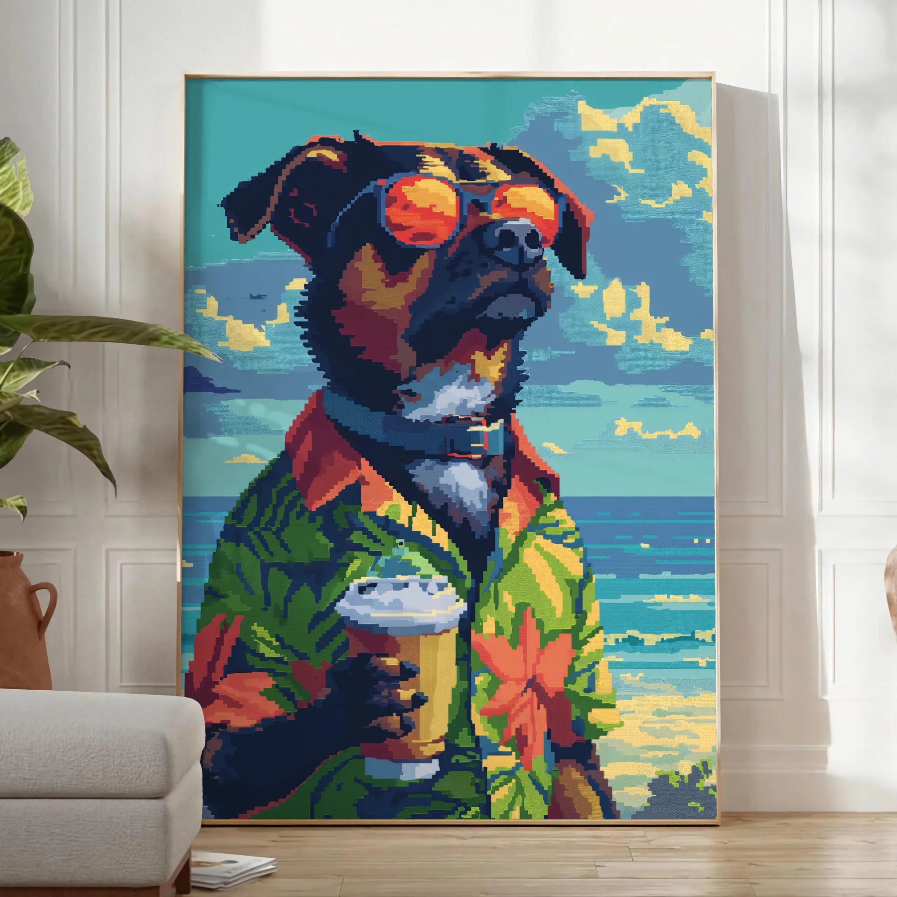 charming Dog Cocktail Poster vibrant green blue hues delightful wall art perfect animal lover unique touch space gift artwork available various sizes A4 cm A0